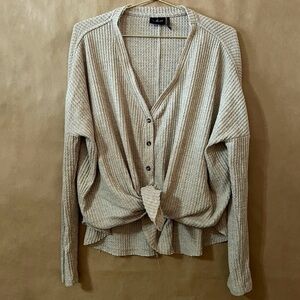 UO Out From Under Jojo Oversized Thermal Waffle Slouchy Button-Front Top Size S